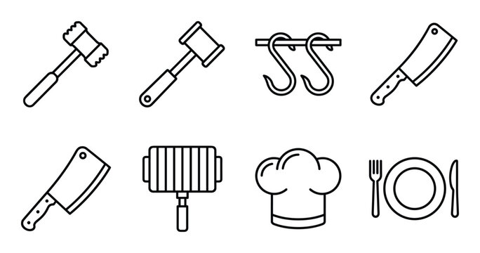 Butcher meat tools, chef hat, fork and knife, and cooking equipment icons.