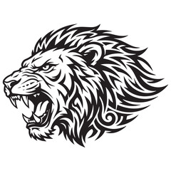 Fototapeta premium Aggressive roaring lion head illustration in black and white tribal style.