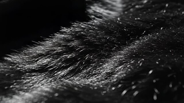 Detailed close up of luxurious black faux fur texture featuring a glossy sheen on dense dark fibers with soft rippling folds and dramatic lighting creating highlights.