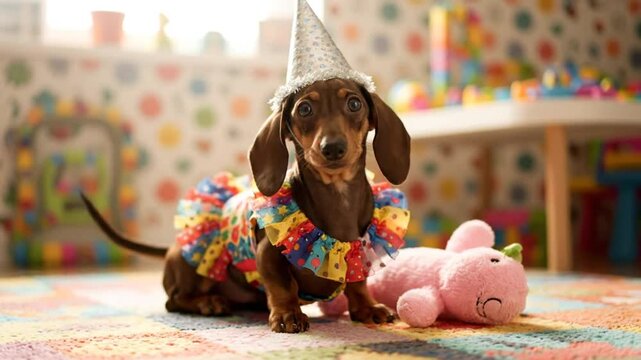 adorable dachshund in a party hat and clown costume poses in a colorful children's playroom setting