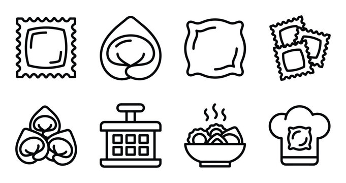Dumpling and ravioli shapes, pasta maker, ravioli maker, and chef hat icons.
