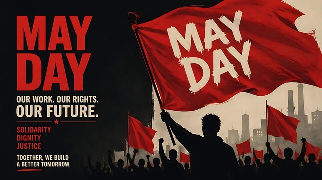 Bold Red May Day Protest Poster with Crowd and Flags (Vintage Activism Style)