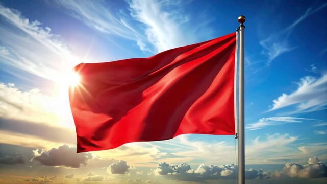 Vibrant Red Flag Waving Against a Bright Blue Sky with Sun Flare