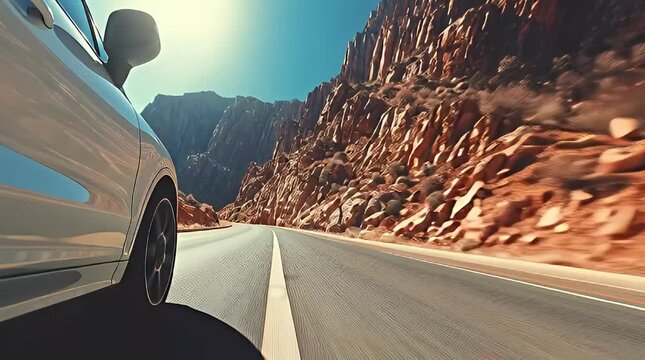 Scenic highway road trip adventure - a modern car speeds along a winding desert road framed by dramatic rock formations and bathed in golden sunlight