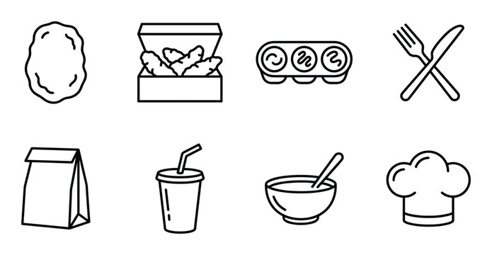 Fast food and drink icons set American diner menu fastfood delivery truck street food.