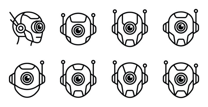 Robot heads set cyborg android faces with cameras and antennas for futuristic technology concepts.