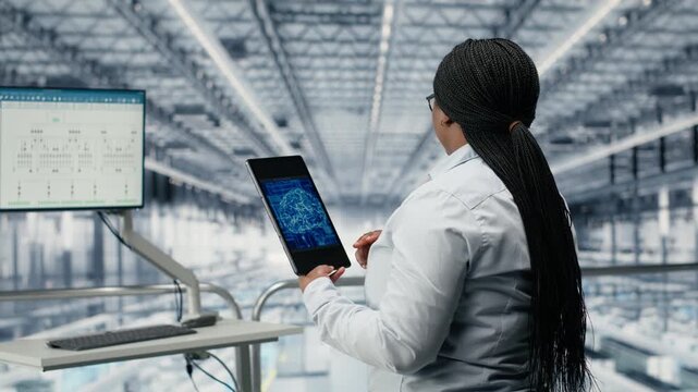 Businesswoman monitoring PCB smart factory workflow using AI deep learning EDA software. African american female manager uses artificial intelligence simulation to track microchip production, camera B