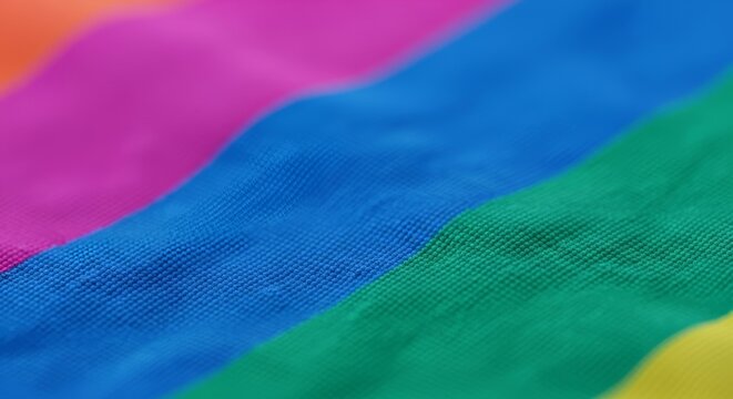 A detailed macro shot showing the fine texture of colorful banners glowing under contemporary LED lighting with a sharp and vibrant finish, colorful, texture, event
