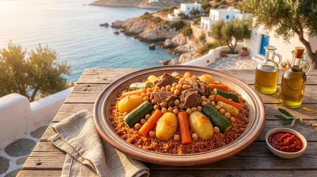 Traditional Tunisian couscous with meat and vegetables on Mediterranean terrace
