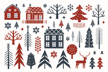 Scandinavian christmas illustration with trees houses and reindeer © Songita