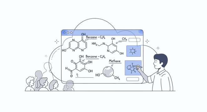 Line drawing of a man interacting with a large computer screen displaying molecular structures and diagrams with various icons and graphics.