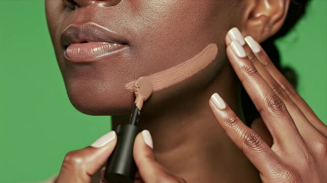 Dark skinned female applying cosmetic foundation with applicator on cheek against a vibrant green screen background for