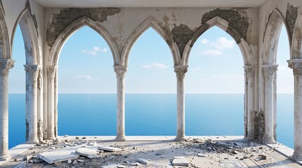 Fototapeta premium A haunting metaphor for transience and endurance. These crumbling arches frame the infinite sea, suggesting that while human structures decay, the horizon remains a constant, eternal promise.