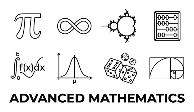 Advanced mathematics symbols including pi infinity fractal abacus integral calculus normal distribution dice.