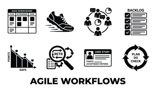 Agile workflows and scrum methodology icons and graphics on transparent background.