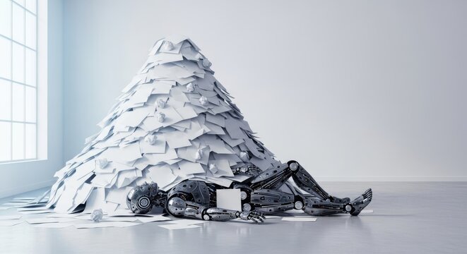 A metallic humanoid robot lies defeated beneath an overwhelming mountain of white paper sheets in a bright and minimalist office space, robot, weight, contrast