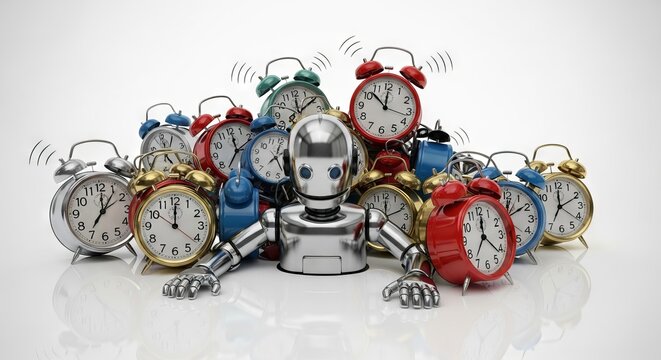 A sleek metallic robot is overwhelmed by a large group of ringing vintage twin bell alarm clocks vibrating on a clean and bright surface, clockwork, time, schedule