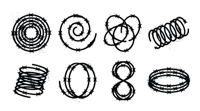 Barbed wire coils spiral heart shape helix spring abstract shapes grunge effect.