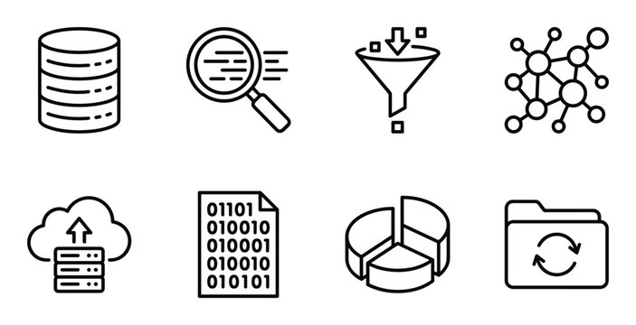 Big data analysis and cloud computing icon set with database search filter and binary code file.