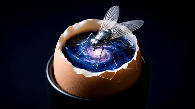 A surreal conceptual illustration of a housefly perched on a cracked eggshell that contains a swirling galaxy nebula within. A symbolic representation of life, space, and the infinite.