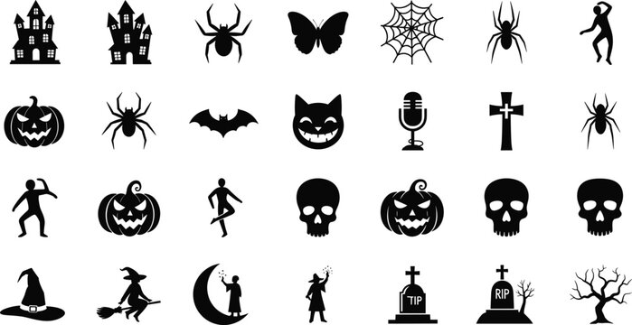 Spooky Halloween Night Vector Icon Set with Haunted Castle Zombie Witch Spider Skull Pumpkin and Graveyard Symbols