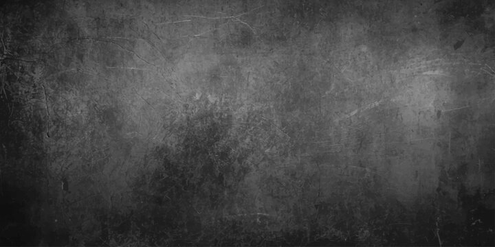 A dark textured grunge metal plate with a vintage gray concrete pattern creates a dirty old surface design for a blank black backdrop