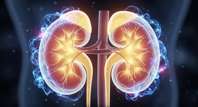 Illuminated human kidneys with radiant glow and arterial flow