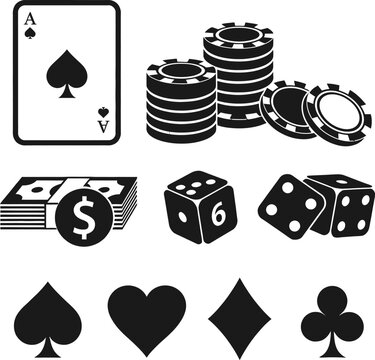 Black and white casino icons cards chips dice and suits