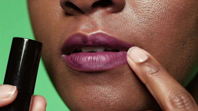 Macro shot of a dark-skinned person's lips applying glossy plum lipstick with a finger against a vibrant green