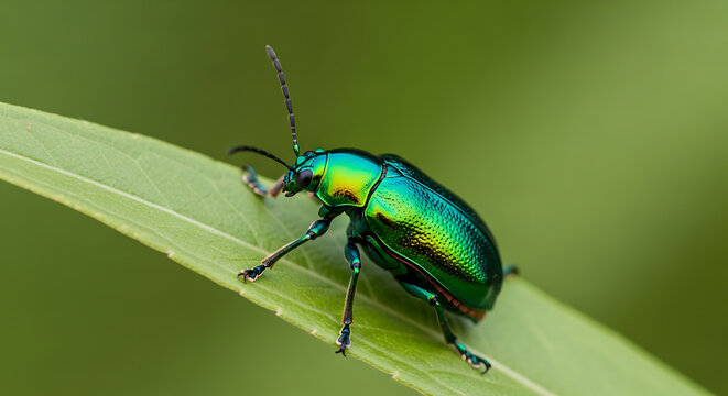 Japanese beetle perched on a leaf iridescent green on transparent background