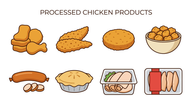 Various types of processed chicken products for food