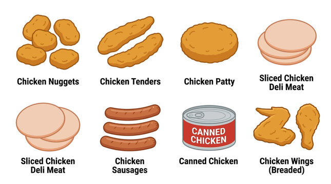 Various types of chicken products including nuggets, tenders, patties, deli meat, sausages, canned chicken, and breaded wings