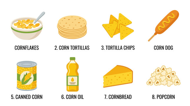 Various corn based foods and products for different meals