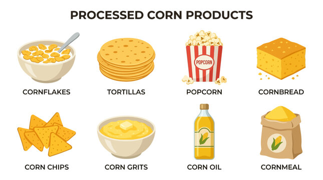Various Processed Corn Products Displayed in a Single Infographic