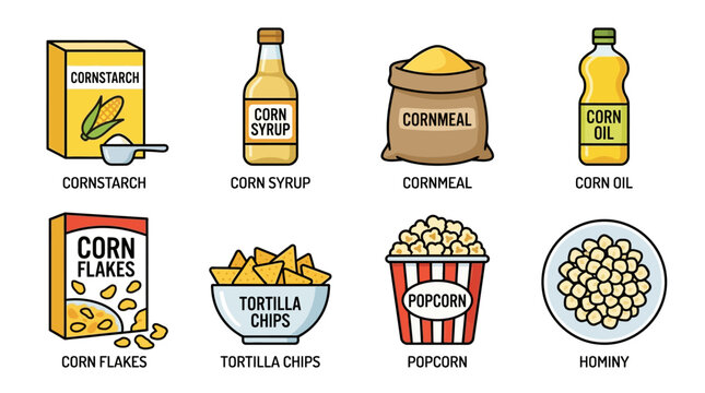 Various corn products including cornstarch, corn syrup, cornmeal, corn oil, corn flakes, tortilla chips, popcorn, and hominy