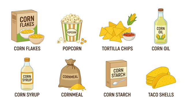Various corn products including flakes popcorn chips oil syrup meal starch tacos