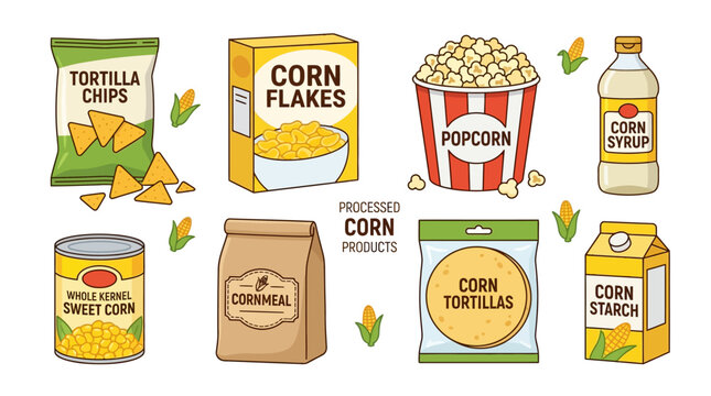 Processed corn products including tortilla chips and corn flakes
