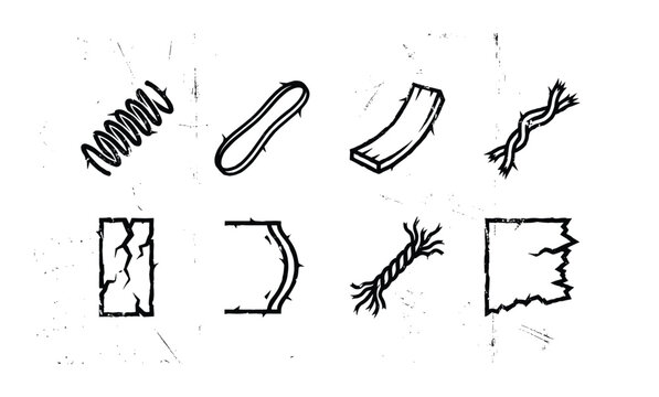 Grunge style black hand drawn icons of broken materials and damaged industrial objects on background.