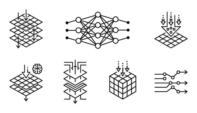 Neural network and deep learning icons illustrating artificial intelligence layers and complex data processing models.