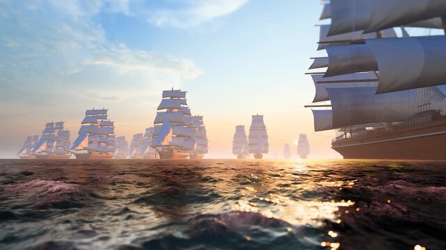On the vast ocean, a mighty fleet sails toward the distant horizon