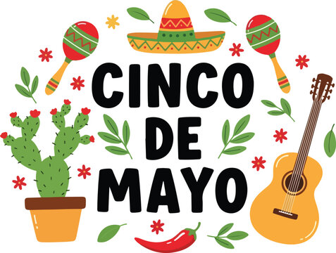 Cinco De Mayo Fiesta Design with Sombrero Cactus Guitar & Maracas