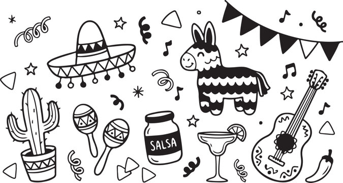 Mexican Fiesta Doodle Collection &ndash; Sombrero Pi&ntilde;ata Guitar Salsa Line Art Coloring Page Vector