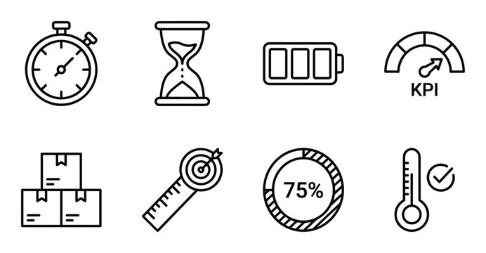 Set of business and finance icons stopwatch hourglass battery KPI gauge boxes dartboard progress chart thermometer.