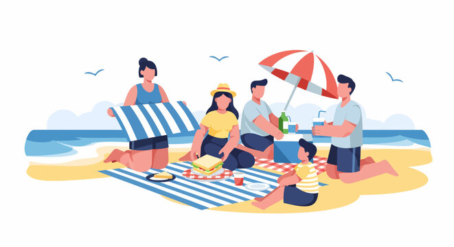 Family enjoying a sunny beach picnic by the ocean waves.