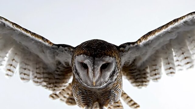 Majestic barn owl flying towards camera on white background