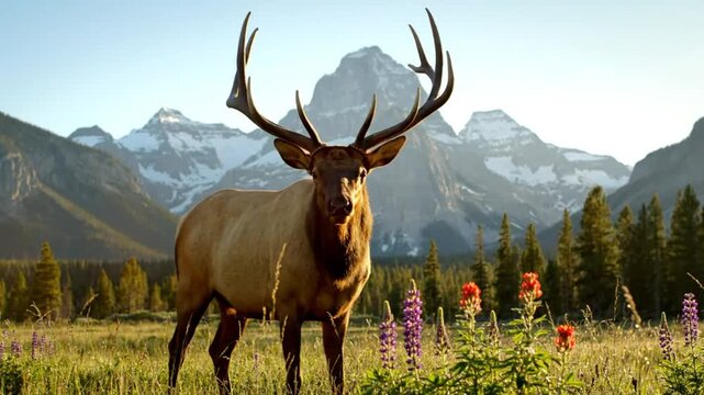 Majestic elk bull bugling in a vibrant meadow with snow-capped mountains and colorful wildflowers in the background during golden hour
