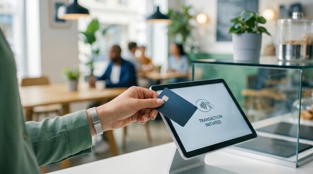 Customer making a contactless payment with a credit card at a coffee shop counter, digital transaction initiated on tablet terminal, cashless shopping and mobile banking concept.