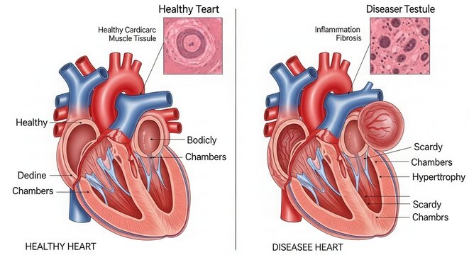 Comparison of healthy and diseased heart anatomy showing structural differences