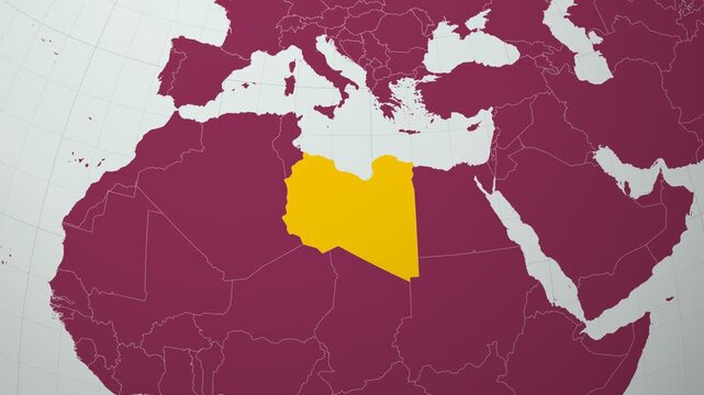 Libya map. Animated zoom into the country on the Globe in Pale Mint Dark Pink color palette. Country logo animation with round text and airplanes. Map with meridians, parallels. Creative video.