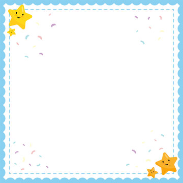 Cute cheerful frame with stars and sparkles on soft blue baby-themed background.